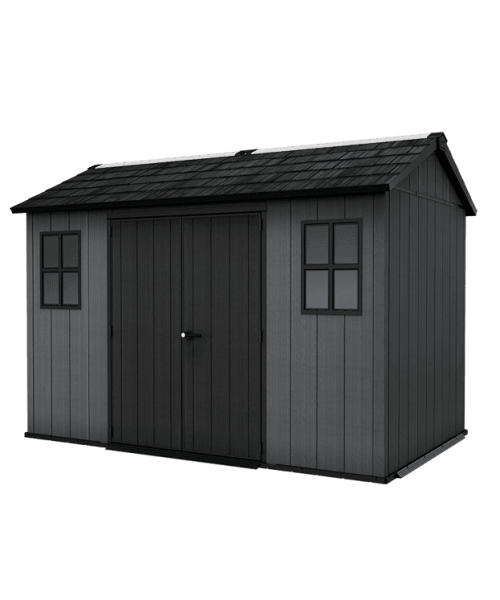 Abri Keter Newton Plus 11 x 7,5 pi en résine gris foncé à entrée latérale