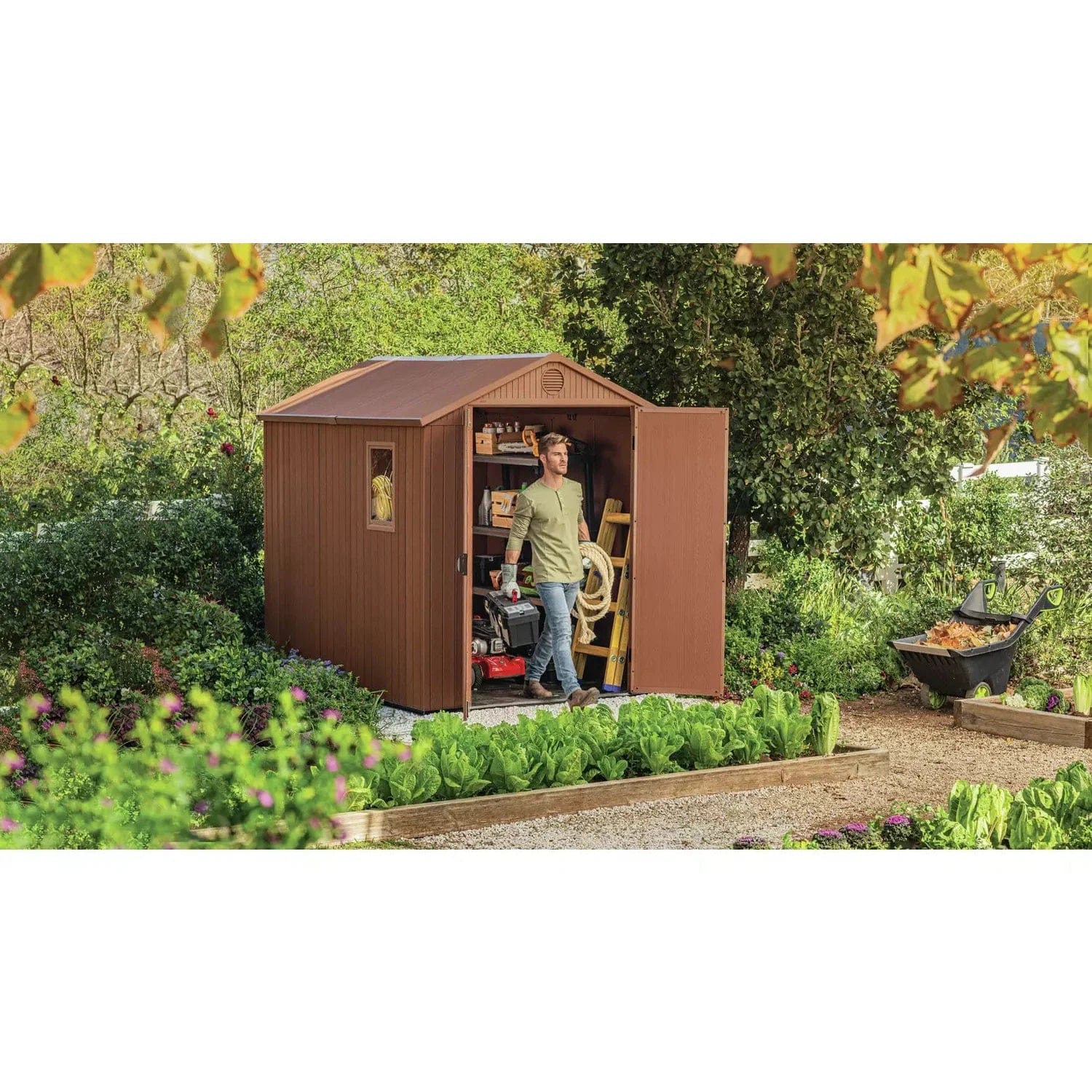 Abri Keter Darwin 8 x 6 pi en résine à toit à deux pentes, deux portes, plancher et une fenêtre – Image 3