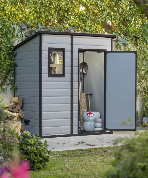 Abri Klikstrom Senner 6 x 4 pi gris à toit monopente, avec plancher et une fenêtre