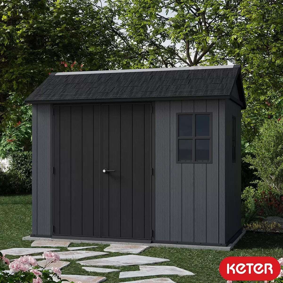 Abri Keter Newton Plus 9 x 7,5 pi en résine gris foncé à entrée latérale – Image 2