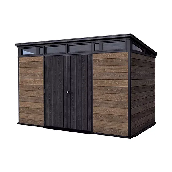 Abri Keter Signature 7 x 11 pi en résine aspect noyer à toit monopente, deux portes, plancher et huit fenêtres – Image 2