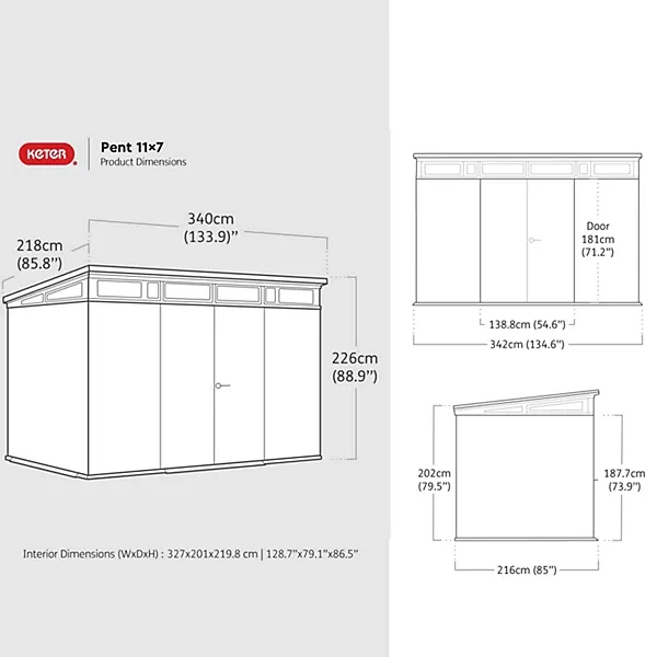 Abri Keter Signature 7 x 11 pi en résine aspect noyer à toit monopente, deux portes, plancher et huit fenêtres – Image 11